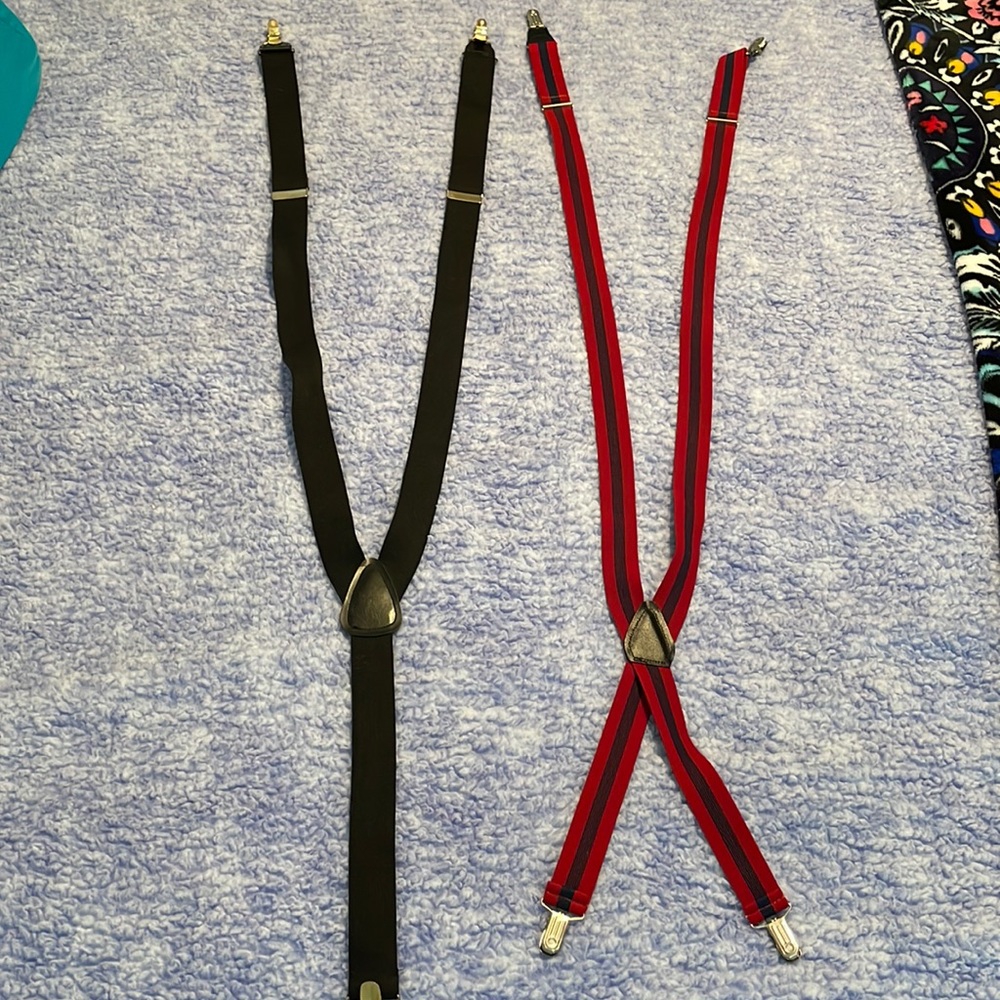 Suspenders 2 Pair Black and Red with Blue Stripes